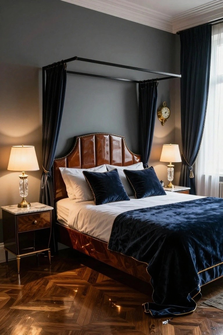 A bedroom with dark gray walls featuring a canopy bed with black metal frame and navy velvet curtains, brown leather tufted headboard, white bedding accented by navy velvet pillows and throw, marble nightstands with crystal lamps, a wall clock, and parquet flooring.