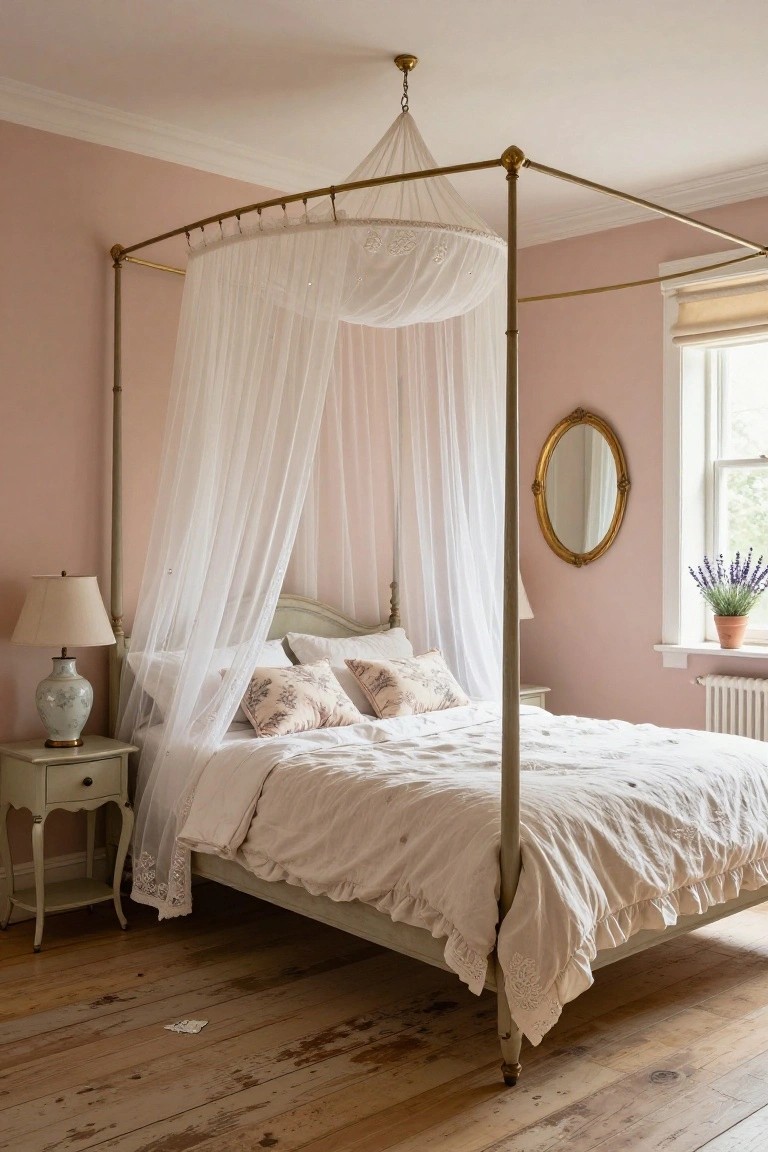 Pink bedroom with brass four-poster canopy bed draped in sheer white fabric, white bedding, antique nightstands, lamp, oval mirror, lavender plant, and wooden floor.