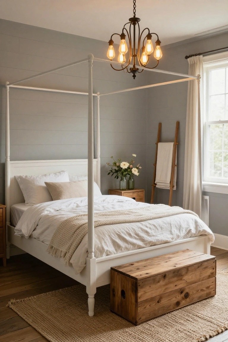A bedroom with a tall white canopy bed draped in white linens and a beige throw, gray shiplap walls, wooden side table and bench, ladder towel rack, vase of flowers, and brass chandelier.