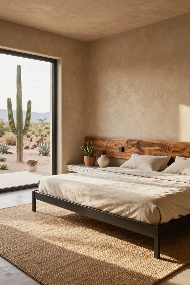 Minimalist bedroom featuring a low black metal platform bed with white linens, tall light wood headboard with built-in niche holding plants and a vase, large floor-to-ceiling glass sliding door framing a desert landscape with tall green cacti, seagrass rug on concrete floor, and textured beige walls.