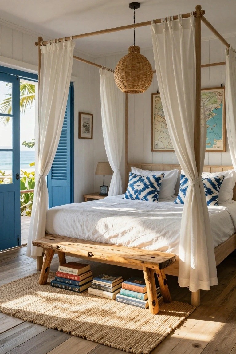 Sunlit bedroom interior with four-poster wooden canopy bed draped in white curtains, blue ikat pillows on white bedding, open blue louvered doors to palm trees and ocean view, wooden bench with stacked books at bed foot, seagrass rug on wood floor.