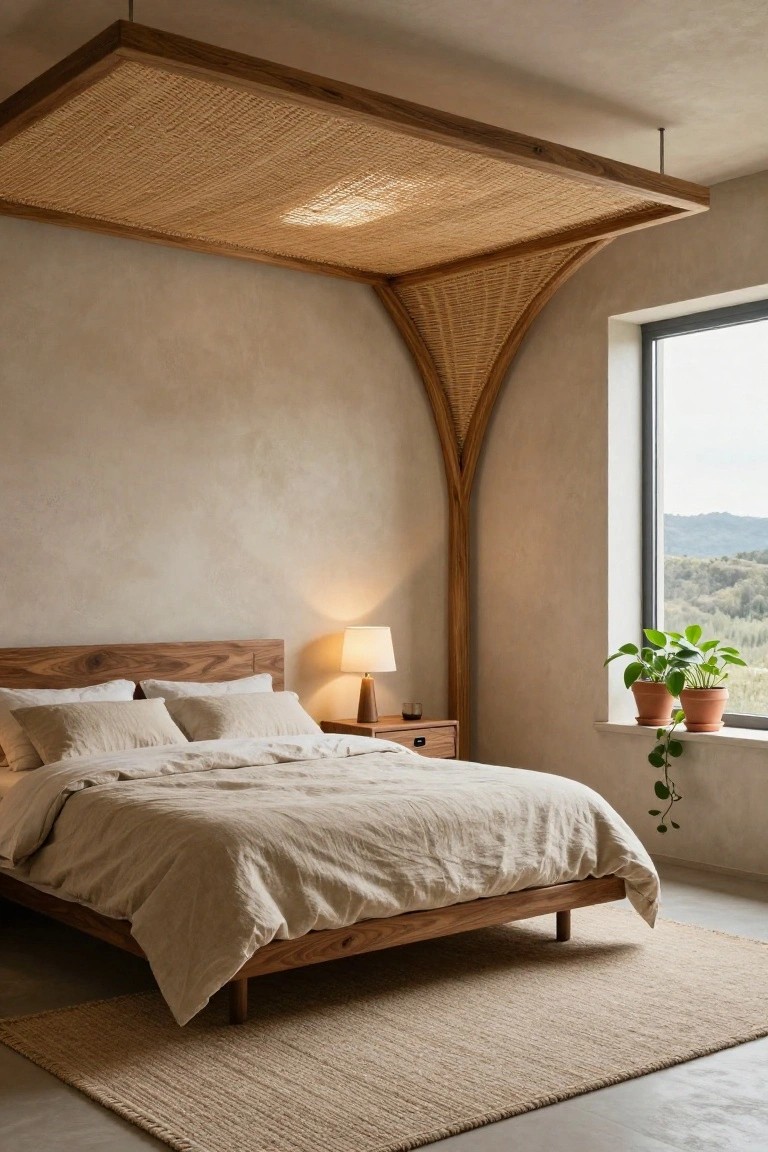 Bedroom with low wooden platform bed covered in white linen bedding under a large suspended woven rattan canopy ceiling with wooden frame and arches, beige textured walls, bedside table with lamp, potted plants on windowsill overlooking hills, seagrass rug on concrete floor
