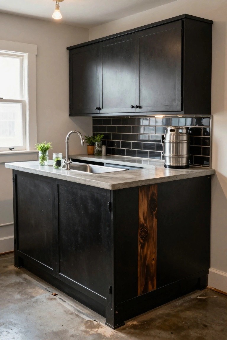 Freestanding black kitchen island with concrete countertop and integrated sink, flanked by dark upper cabinets, black subway tile backsplash, stainless steel keg, and potted plants near a window on a concrete floor.