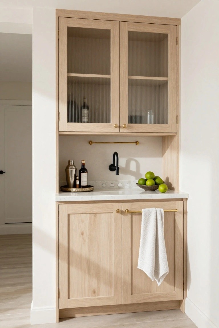 Corner wet bar cabinetry in light oak with reeded glass upper doors displaying bottles, white quartz countertop with black faucet and brass hardware, lower wood doors with white towel draped over pull, bowl of green limes.