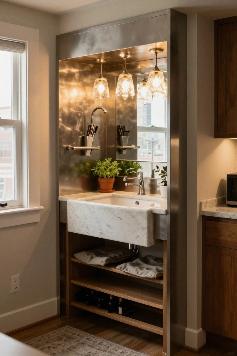 Kitchen corner wet bar with stainless steel surround, white marble farmhouse sink, hanging glass pendant lights, wood shelves holding wine bottles, utensil racks, potted herbs, and adjacent wood cabinets.