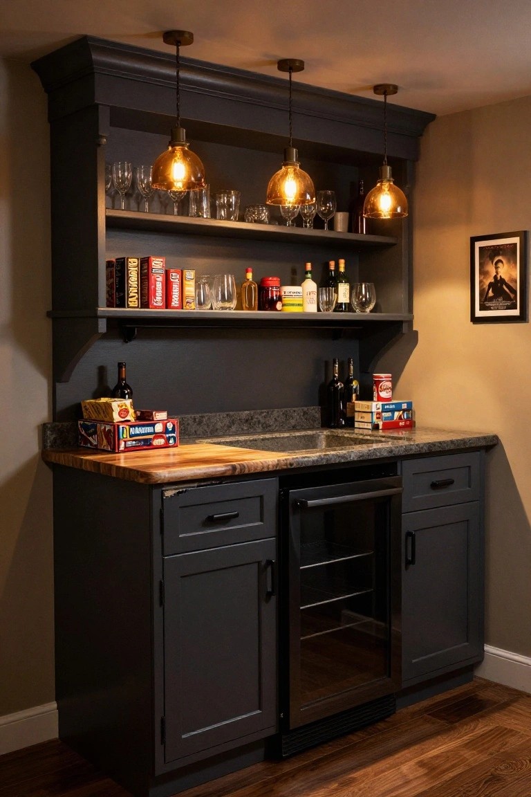 A built-in corner wet bar with dark gray shaker cabinets, live-edge wood countertop, integrated black beverage cooler, stainless sink, open upper shelving with liquor bottles glassware and board games, and three hanging Edison bulb pendant lights.