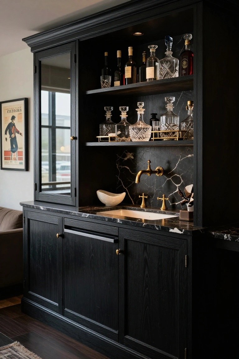 Black wood cabinet wet bar with marble countertop and sink, brass faucets and hardware, shelves holding liquor bottles and crystal glassware, mirrored glass door, in an indoor room.