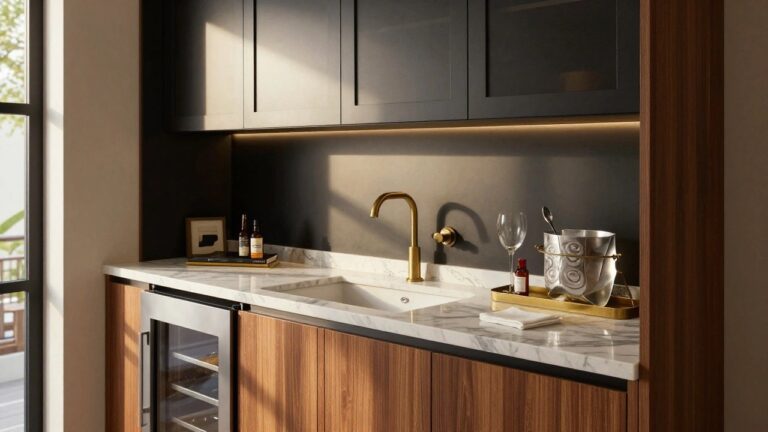 18 Functional Wet Bar Designs That Feel High-End Built-in wet bar cabinet with walnut wood lower section featuring glass doors showing wine bottles, white marble countertop and sink with gold faucet, black upper shelving holding bottles and brass items, and backlit niche with framed artwork.