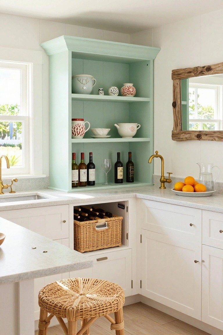Corner kitchen wet bar with mint green open shelving unit displaying ceramics, bowls, and wine bottles, white cabinets, gold faucet sink on quartz counter with oranges and pitcher, rattan stool.