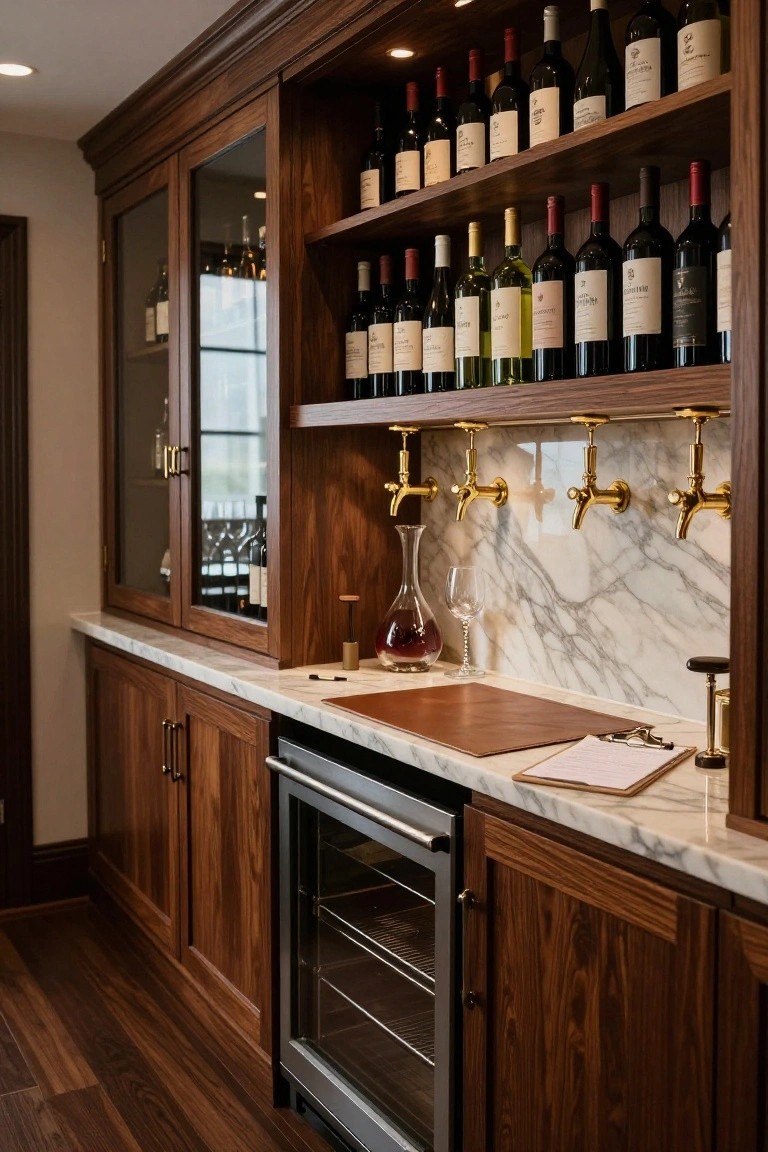 Wooden wet bar cabinetry with glass-fronted upper sections displaying wine bottles, white marble countertop and backsplash, four brass wall-mounted faucets, a decanter on a wood tray, and a stainless steel wine fridge drawer below.