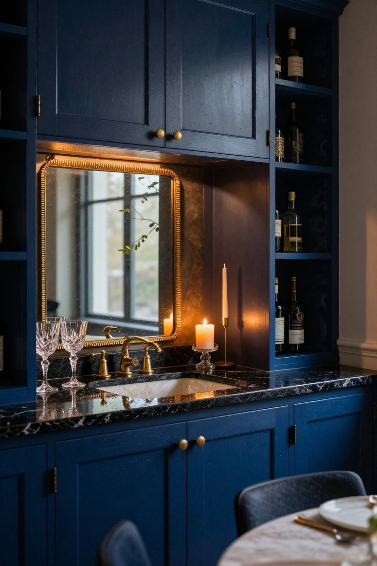 Navy blue cabinets surround a black marble countertop with a sink under a gold-framed mirror, open shelves hold wine bottles and liquor, two wine glasses sit nearby, and a round table with chairs is visible in the foreground.