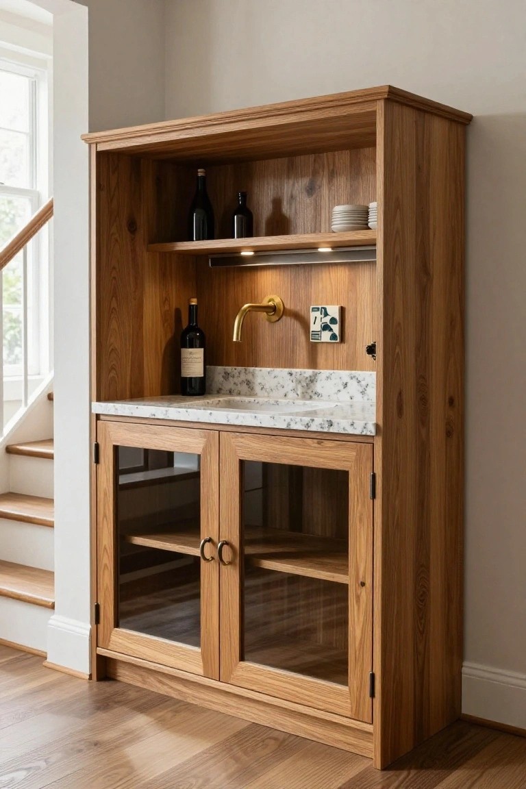 Wooden oak cabinet wet bar with open upper shelves displaying wine bottles and plates, marble countertop sink with brass gooseneck faucet and blue tile backsplash, lower glass-front doors, and LED underlighting, next to white stairs in a light interior.