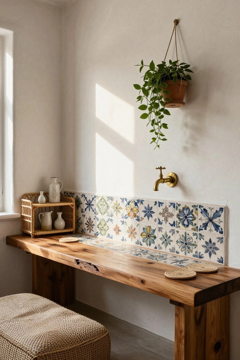 Indoor wet bar corner with rough wooden bench countertop, brass wall faucet, blue and yellow floral tile backsplash, rattan shelf holding white pitchers and jugs, hanging green plant in terracotta pot, woven coasters, and beige woven pouf stool.