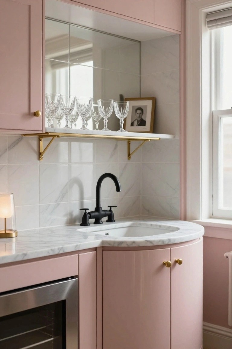 Pink cabinets form a curved wet bar corner with white marble countertop and rounded sink, black gooseneck faucet, gold shelf displaying crystal glasses and a framed photo, small white lamp, and built-in silver wine cooler against white subway tile wall and window.