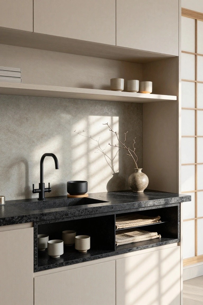 Beige flat-panel kitchen cabinets with open shelves holding ceramic cups and books, black granite countertop with undermount sink and matte black faucet, built-in niche below counter storing cups and folded towels, textured wall backsplash, ceramic vases with branches, and shoji screen partition.