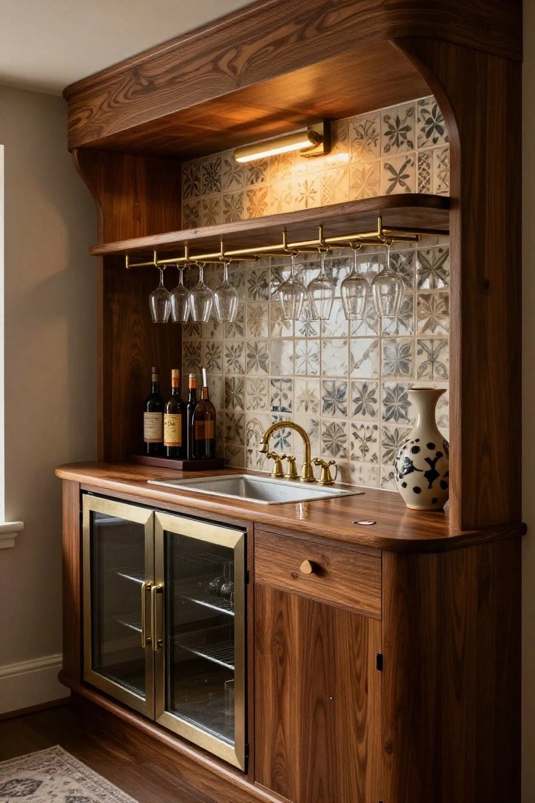 Custom walnut wood wet bar cabinet with arched hood, brass wine glass rack, hanging stemware, wine bottles on display, integrated sink with gold faucet, glass-front refrigerator doors, and blue-and-white tile backsplash.