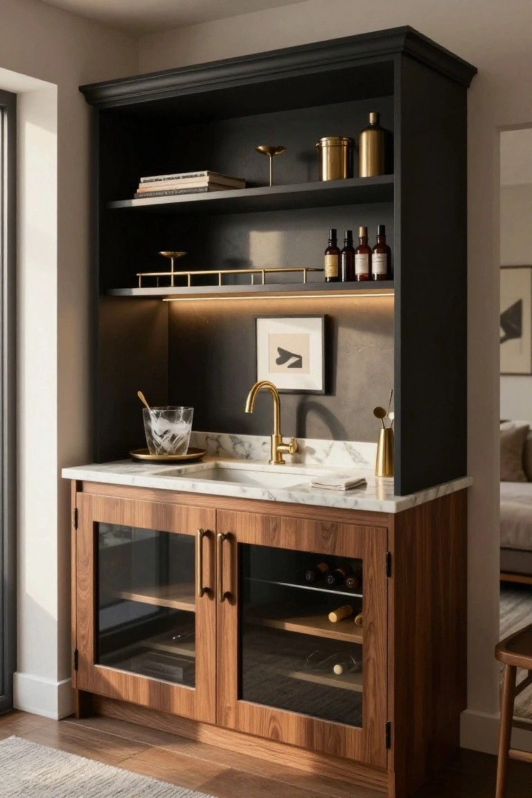Built-in wet bar cabinet with walnut wood lower section featuring glass doors showing wine bottles, white marble countertop and sink with gold faucet, black upper shelving holding bottles and brass items, and backlit niche with framed artwork.