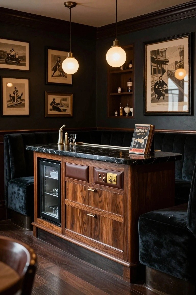 Corner wet bar island with black marble top, walnut wood cabinets, undercounter refrigerator, brass hardware, and black velvet booth seating against dark walls with vintage photos and pendant lights.