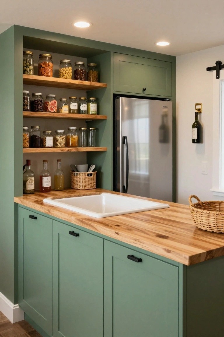 Sage green cabinets form an L-shaped wet bar island with a white undermount sink, light wood countertop, open wooden shelves stocked with glass jars of dried foods and nuts, and a stainless steel refrigerator positioned next to it.