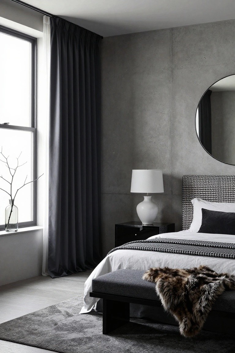 Modern bedroom featuring dark gray pleated floor-length drapery on a large window with sheer inner curtain, houndstooth headboard, white lamp on black nightstand, fur throw on gray bench, concrete accent wall, and large round mirror.