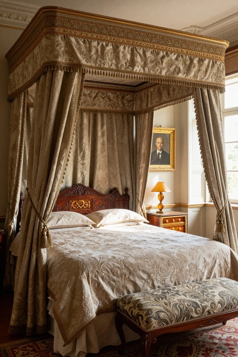 A bedroom with a large four-poster bed draped in cream fabric with gold-trimmed canopy and tassels, white pillows on the bed, a wooden side table with orange lamp, a bench at the foot, a portrait painting on the wall, and window curtains.