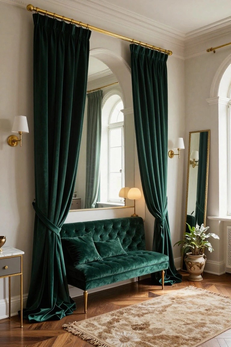 Interior room with long emerald green velvet curtains on brass curtain rods framing tall arched windows and mirrors, a green velvet sofa, wall lamps, and a potted plant on a side table.