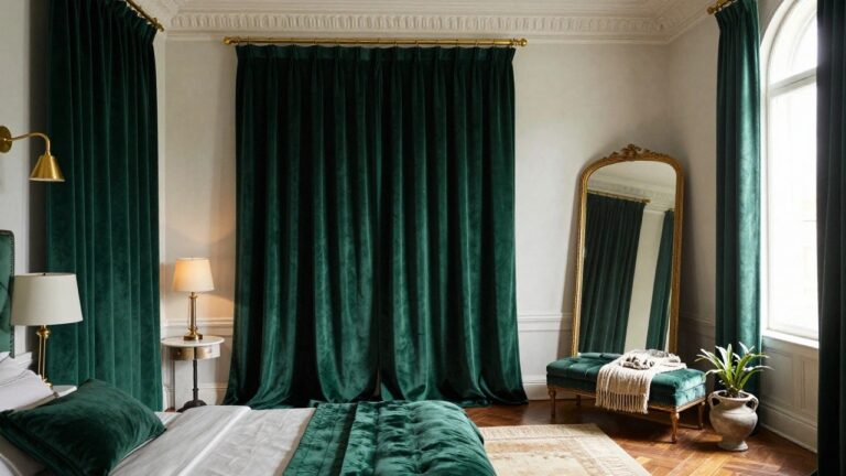 Interior room with long emerald green velvet curtains on brass curtain rods framing tall arched windows and mirrors, a green velvet sofa, wall lamps, and a potted plant on a side table.