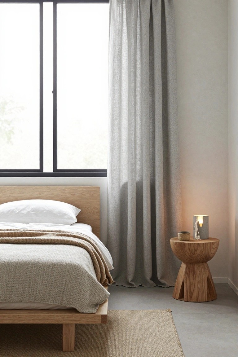 Bedroom corner featuring a low oak platform bed with white sheets and beige throw, wooden stool nightstand holding a concrete lamp and cup, large black-framed window with sheer gray floor-length curtains, beige rug on concrete floor.