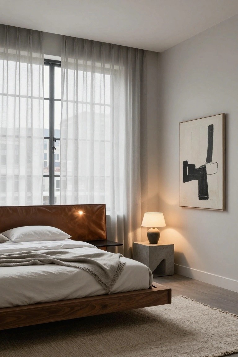 Modern bedroom interior with low wooden platform bed, tan leather headboard, white linens, gray throw, bedside concrete table with ceramic lamp, large abstract painting on wall, and sheer white curtains covering tall black-framed windows.