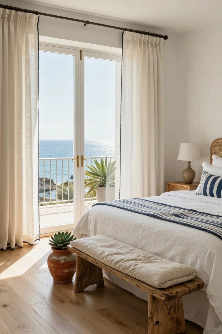 A bright bedroom with white bedding on a rattan headboard, sheer linen drapes on sliding glass doors to a balcony overlooking the ocean, wooden bench with cushion, potted plants, bedside lamp on wooden nightstand, and oak flooring.