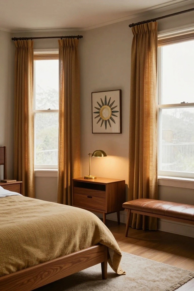 Bedroom with wooden bed covered in mustard blanket, wooden nightstand with brass lamp and books, tan leather bench, and tall windows framed by pleated mustard linen drapes on black rods.