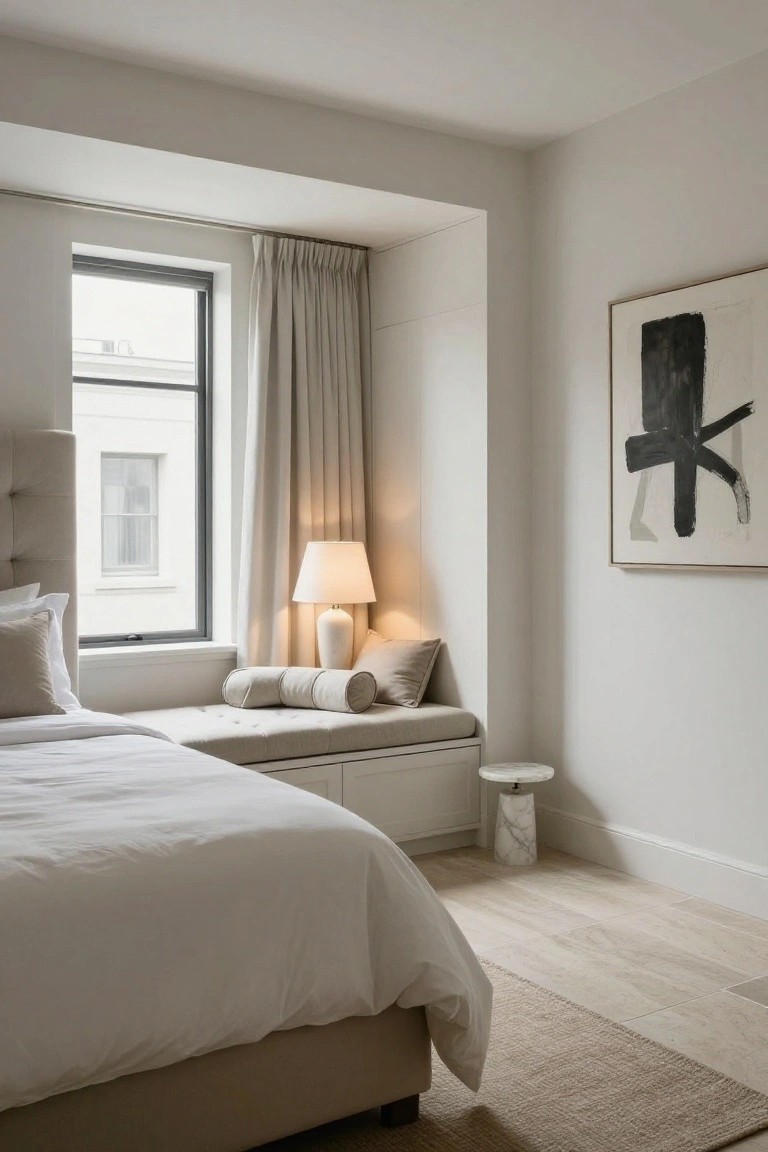 A minimalist bedroom interior featuring a low white bed, built-in cushioned bench under a window with sheer curtains, a ceramic lamp on a marble side table, and a large abstract black-and-white artwork on a white wall.