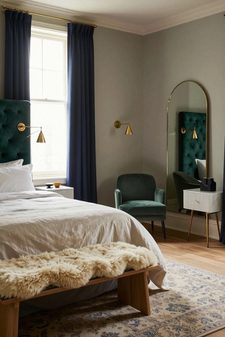 Bedroom interior featuring emerald green velvet tufted headboard on a bed with white linens, wooden bench with sheepskin throw at foot, navy curtains on window, gold sconces, green velvet chair, arched mirror, and side table on hardwood floor with rug.