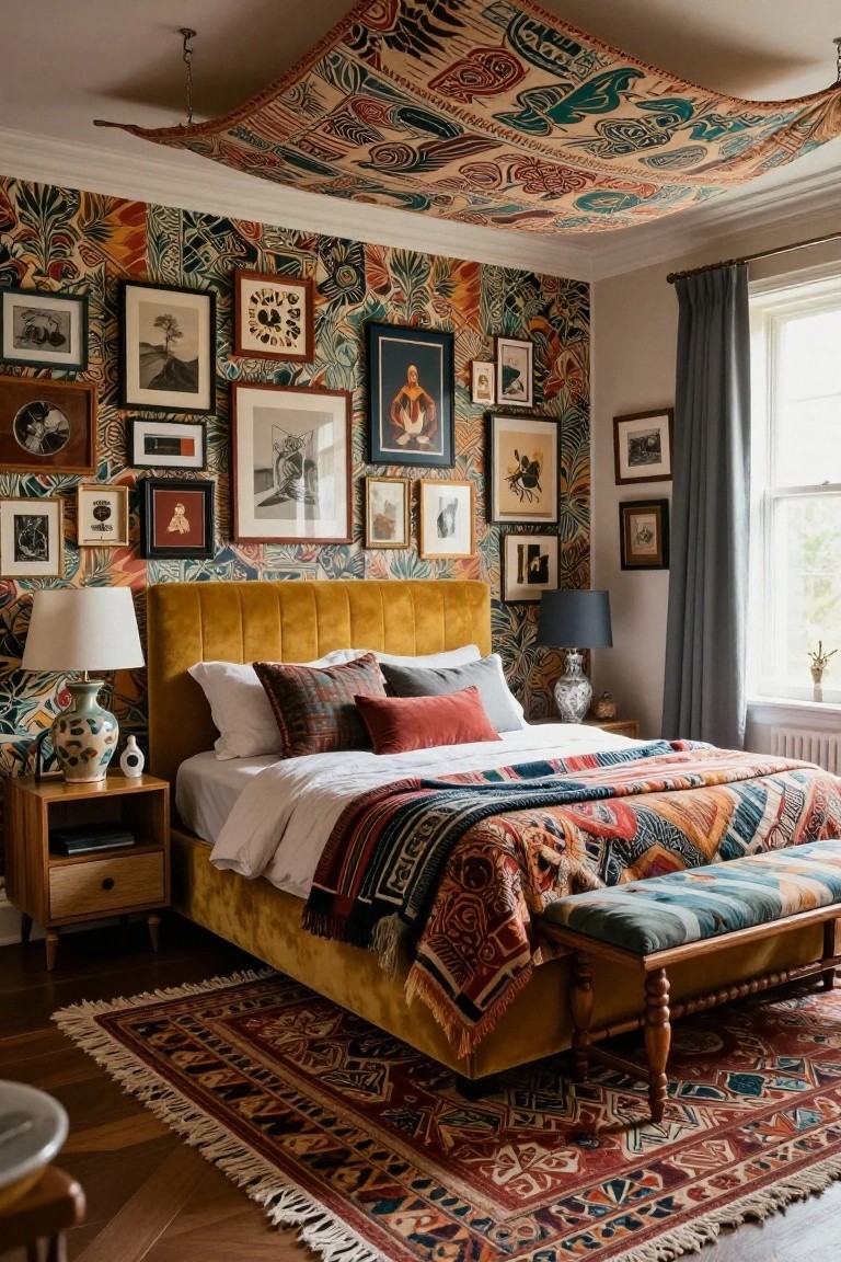 A bedroom with mustard yellow tufted velvet headboard, colorful patterned wallpaper, extensive eclectic gallery wall of various framed artworks and photos, layered colorful bedding and throws, bedside tables with lamps, wooden bench, and patterned rug on hardwood floor.