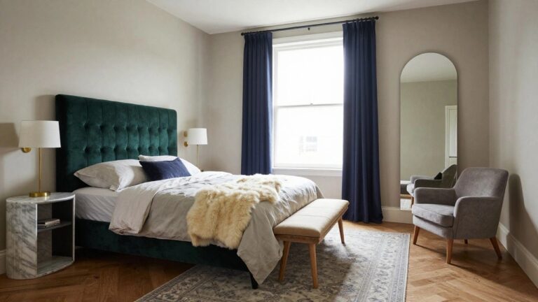 Bedroom interior featuring emerald green velvet tufted headboard on a bed with white linens, wooden bench with sheepskin throw at foot, navy curtains on window, gold sconces, green velvet chair, arched mirror, and side table on hardwood floor with rug.