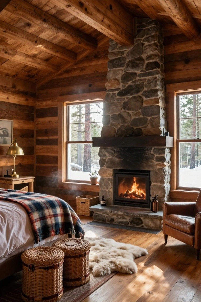 Log cabin bedroom interior with wooden walls and beamed ceiling, tall stone fireplace with burning fire, white bed draped in plaid blanket, two wicker stools, sheepskin rug, leather armchair, brass lamp on side table, and large windows showing snowy pine forest.