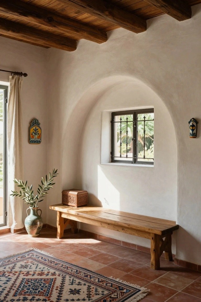 Sunlit corner of an adobe-style room with white curved walls, exposed wooden ceiling beams, arched window with black iron bars overlooking palms, wooden bench, green vase with olive branches, woven box, and patterned rug on terracotta tiles.
