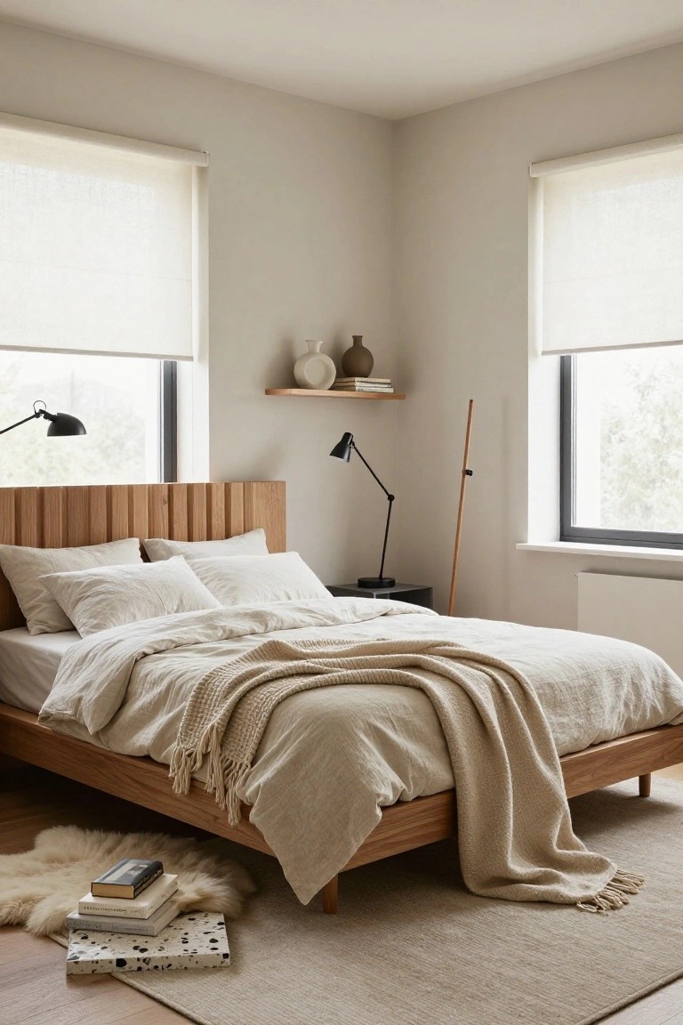 Corner view of a light beige bedroom with an oak slatted wood headboard bed draped in white linen bedding and a cream knit throw, flanked by black desk lamps on a black side table, neutral wool rug, stacked books on the floor, and sheer roller blinds on black-framed windows.