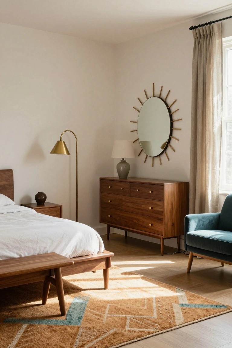 Sunlit corner of a bedroom with low walnut platform bed and bench, matching nightstand, tall walnut dresser with ceramic lamp and rattan sunburst mirror, gold arched floor lamp, green velvet armchair, geometric tan and teal rug, white walls, linen curtains, and light wood floors.