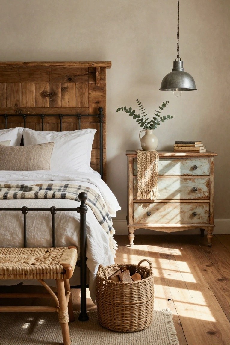 Bedroom with a tall wooden plank headboard mounted above a black iron bed frame covered in white linens and a plaid throw, next to a distressed three-drawer nightstand holding books, a vase of eucalyptus branches, and a draped throw, with a wicker bench and firewood basket on a wooden floor.