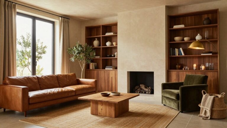 A living room with tan leather sofa, wooden coffee table, green velvet armchair, beige walls, wooden shelving unit, stone fireplace, large windows showing garden outside, and potted plants.