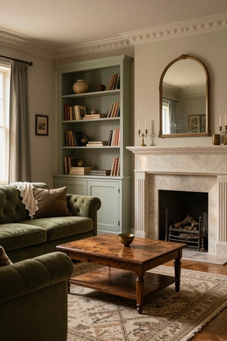 A living room interior with sage green built-in bookcases filled with books and ceramics, a matching green velvet sofa with throw pillows and blanket, wooden coffee table holding a brass bowl, marble fireplace with burning logs, gold arched mirror, and beige patterned rug on parquet flooring.