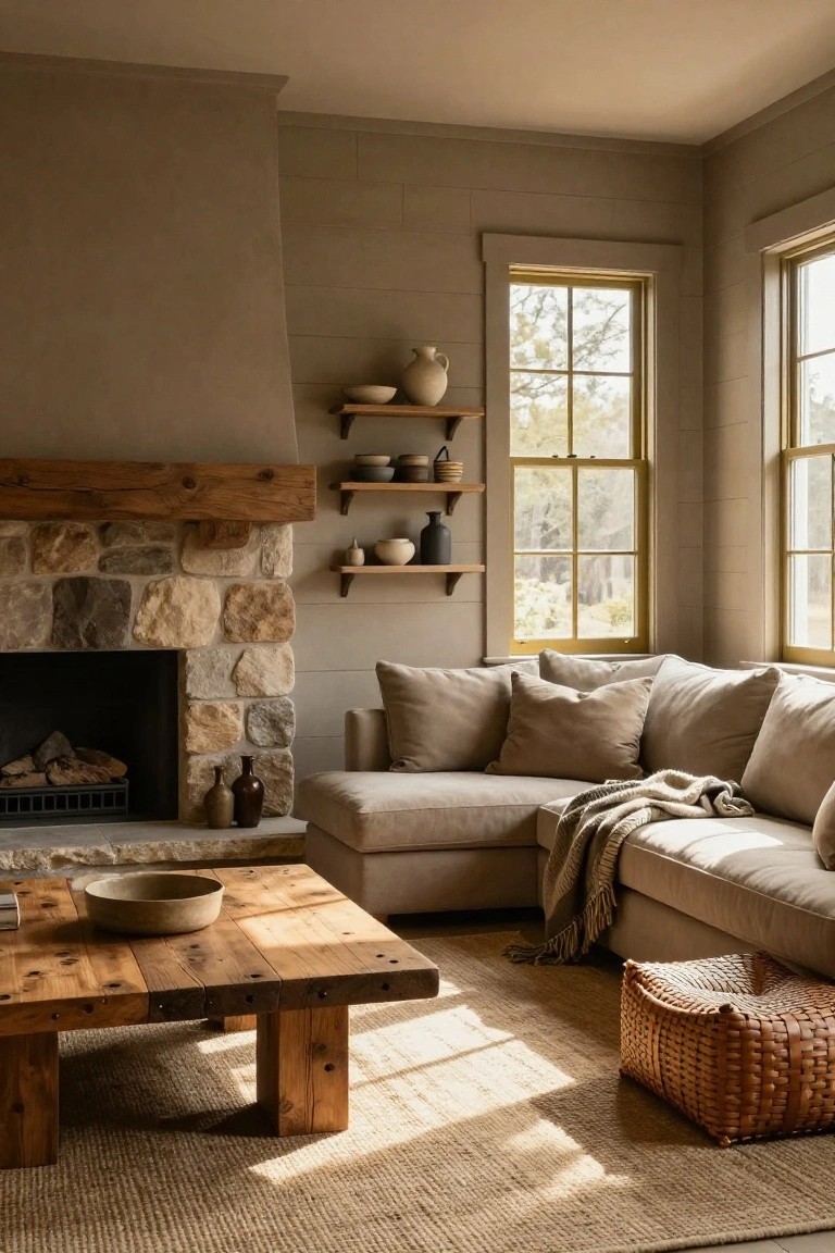 Corner of a living room with a tall stone fireplace under a wooden beam mantel, floating wooden shelves holding ceramic pots, a beige L-shaped sofa, wooden coffee table with a bowl, seagrass rug, wicker basket, and two large multipaned windows with views of trees and garden.
