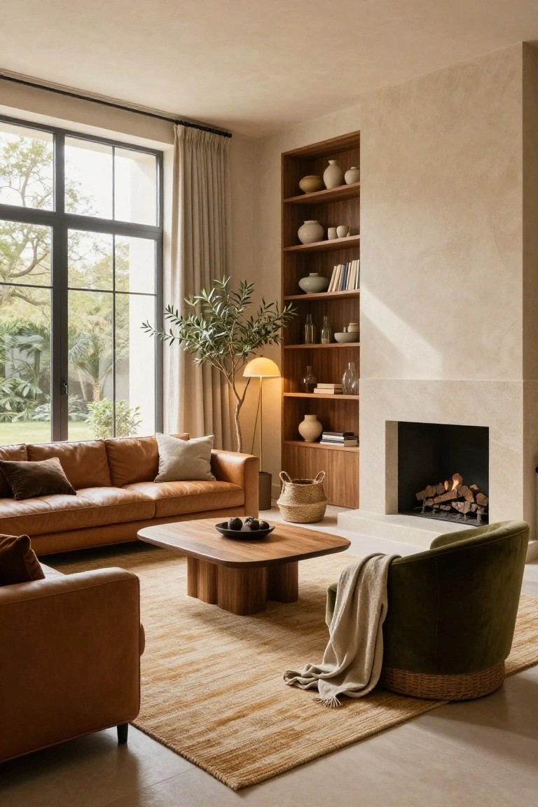 A living room with tan leather sofa, wooden coffee table, green velvet armchair, beige walls, wooden shelving unit, stone fireplace, large windows showing garden outside, and potted plants.