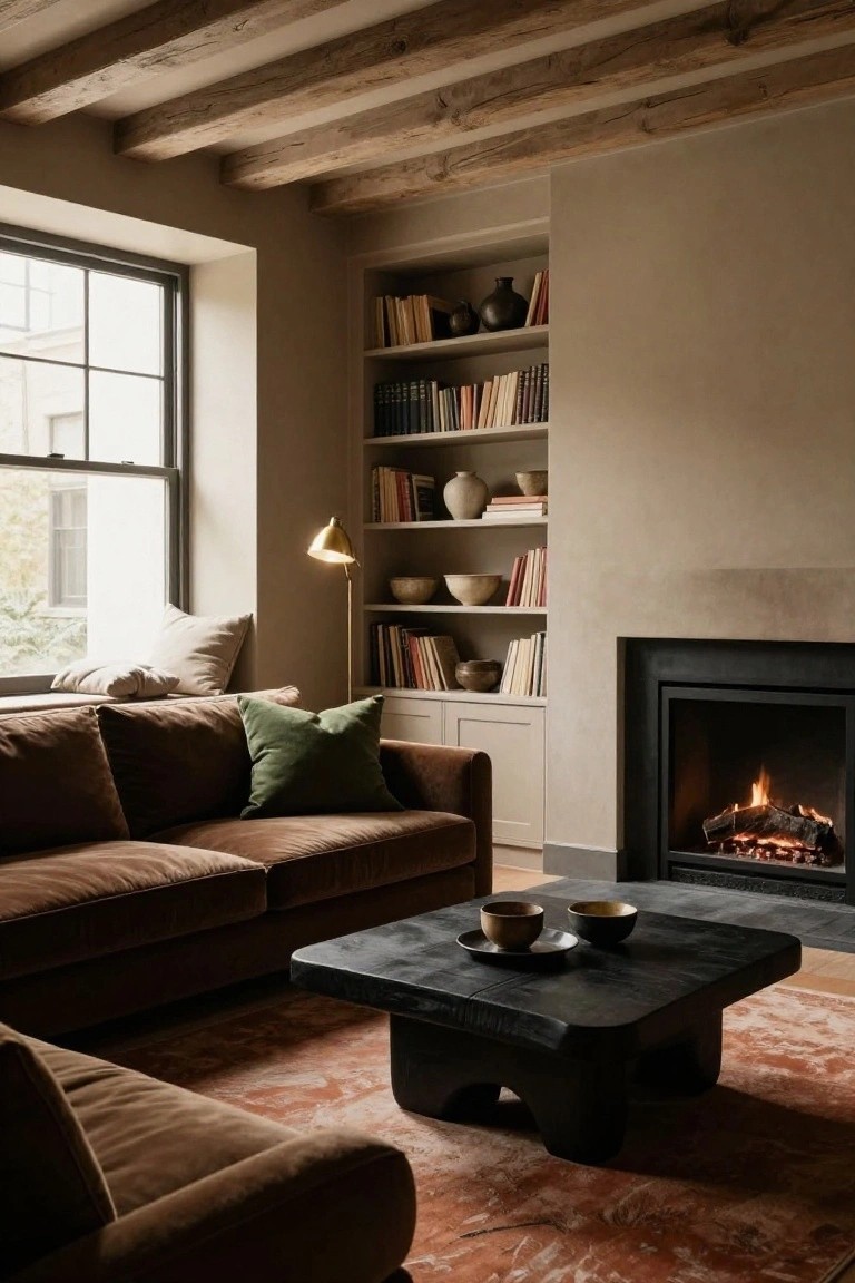 A living room with exposed wooden ceiling beams, beige walls, brown upholstered sofa with green pillows, bookshelves holding ceramics, a black square coffee table with bowls, and a lit black fireplace.
