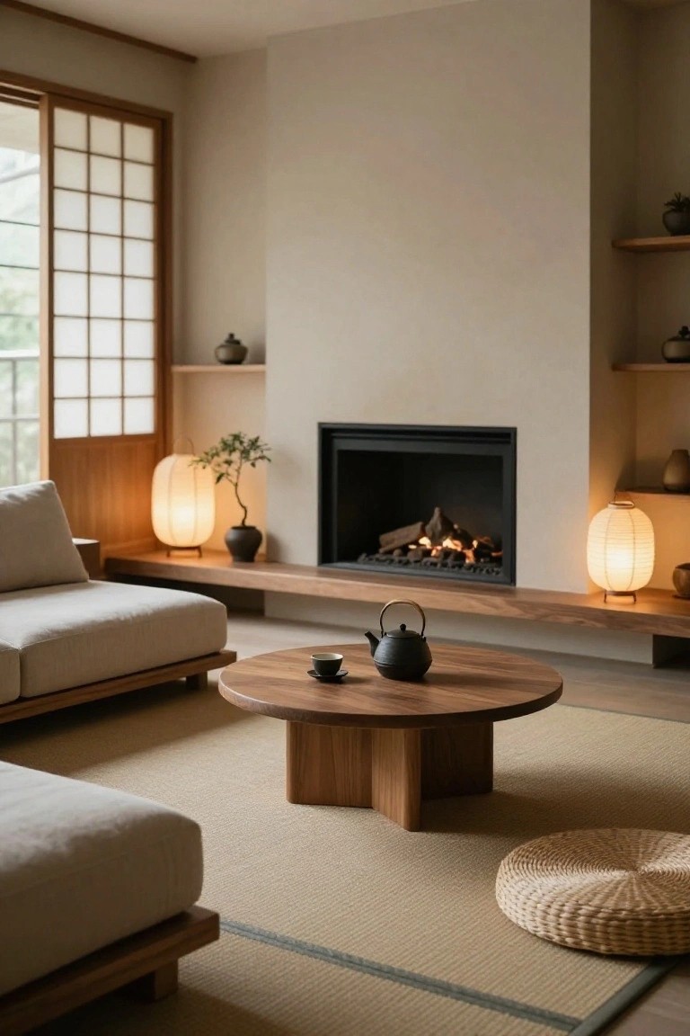 Minimalist living room with shoji screen window, beige walls, wooden built-in shelves around a gas fireplace, low beige sofas, round wooden coffee table with teapot and cup, paper lanterns, bonsai plant, and tatami-style rug on wood floor.