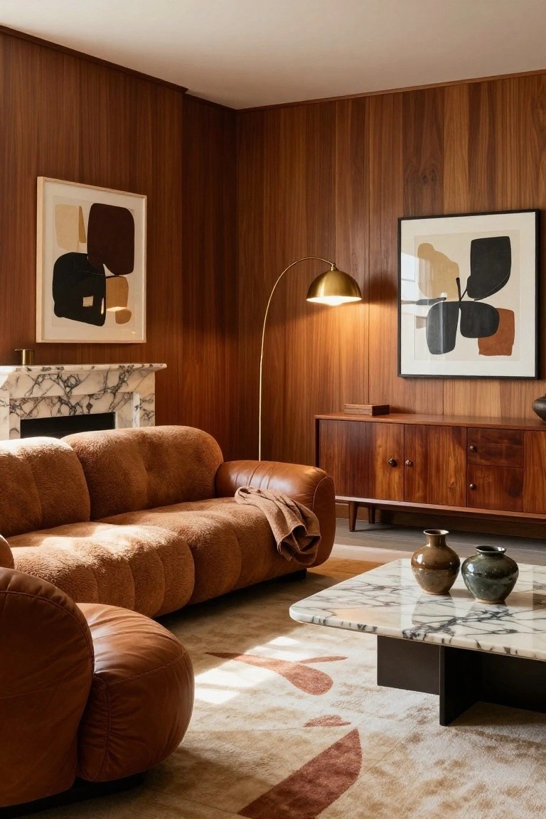 A living room with vertical warm wood-paneled walls, brown modular leather sofa, marble fireplace, wooden credenza, arched gold floor lamp, marble coffee table with ceramic vases, and abstract framed artwork.