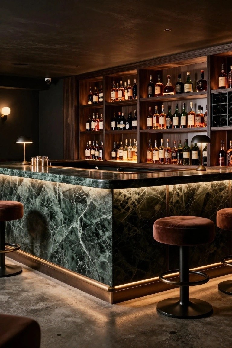 A modern interior bar with green veined marble countertop and front panel featuring underlighting, wooden shelves stocked with liquor bottles, black desk lamps, brass cup measures, and red velvet stools on a concrete floor.