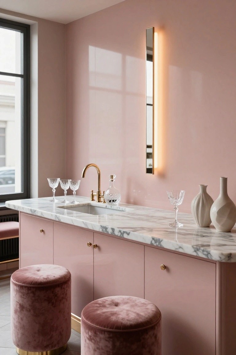 Blush pink lower cabinets with white veined marble countertop and integrated sink, gold faucet, crystal glassware, decanter, white ceramic vases on the counter, two pink velvet stools with gold bases, tall slim gold mirror with edge lighting on matching pink wall beside a window.