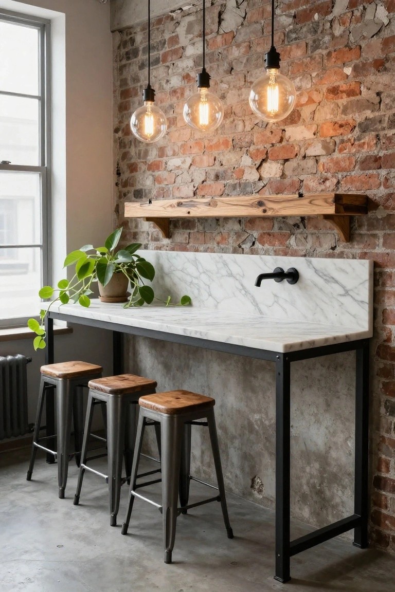 Kitchen bar area with white marble countertop on black metal legs against exposed red brick wall, four stools with wood and metal seats, three hanging Edison bulb lights, wooden shelf, potted green plant, and wall faucet.